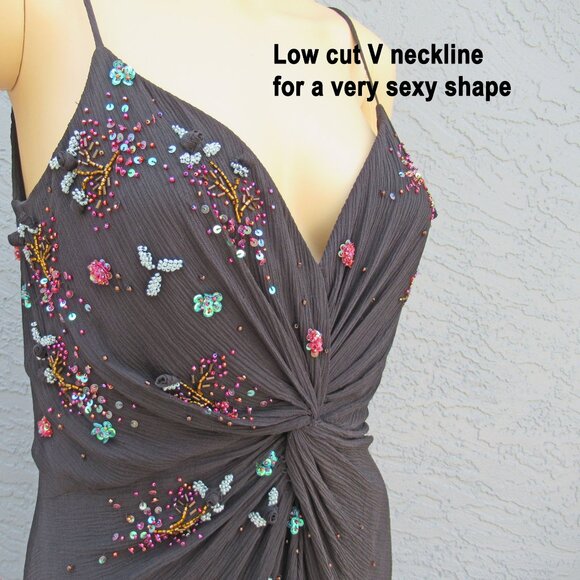 38" bust Sue Wong Nocturne bias cut spaghetti strap low V neck event-ready dress - Picture 8 of 15